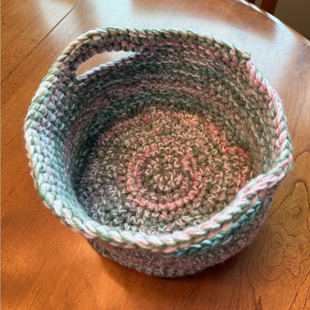 Handmade Crochet Basket With Handles. Pink, Green and Cream. Storage, Gifting.